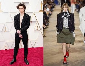 

Костюмът на Шаламе е особено свеж, тъй като беше взет от пролетната колекция дамско облекло на Никола Гескиер за 2022 г.