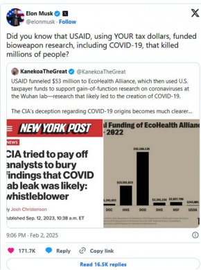 USAID е финансирала изследвания на биологични оръжия и Ковид-19, който уби милиони: Мъск