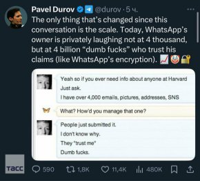 Зукърбърг смята 4 млрд. потребители на WhatsApp за глупаци и им се смее: Дуров